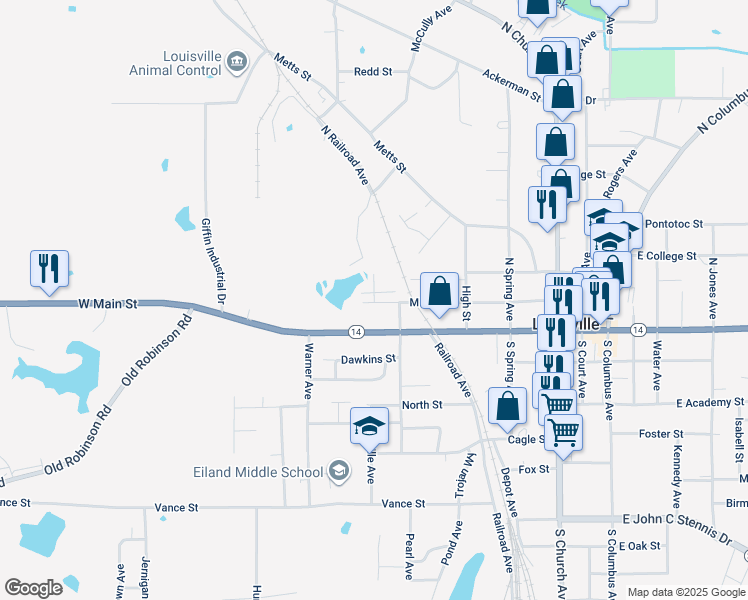 map of restaurants, bars, coffee shops, grocery stores, and more near 201 South Montgomery Avenue in Louisville