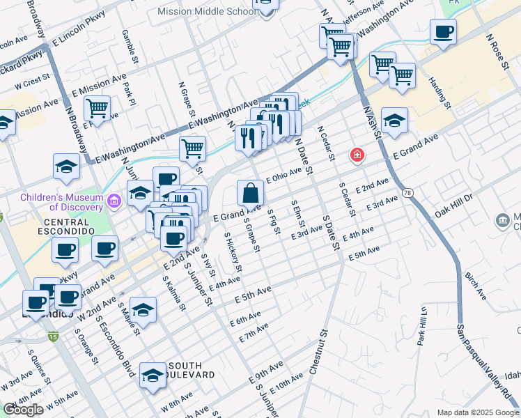 map of restaurants, bars, coffee shops, grocery stores, and more near 635 East Grand Avenue in Escondido