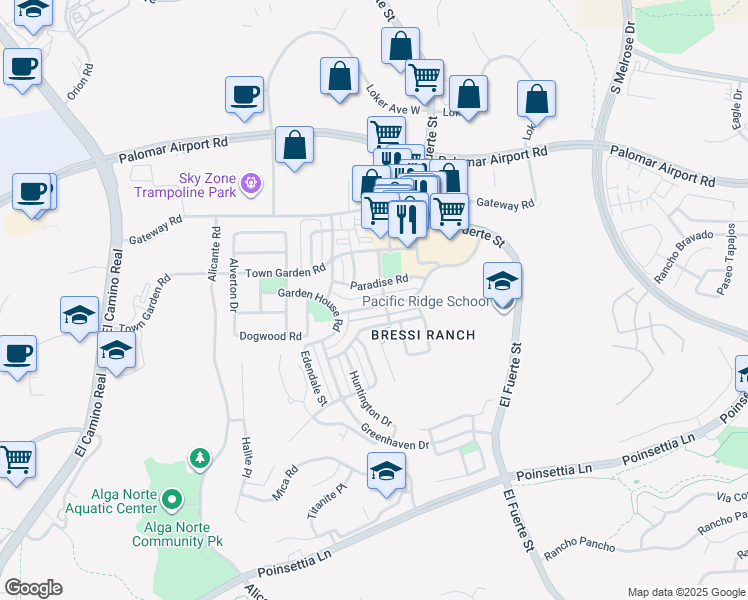 map of restaurants, bars, coffee shops, grocery stores, and more near 2680 Bressi Ranch Way in Carlsbad