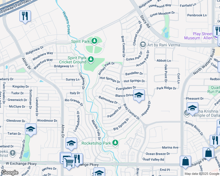 map of restaurants, bars, coffee shops, grocery stores, and more near 1043 Everglades Drive in Allen