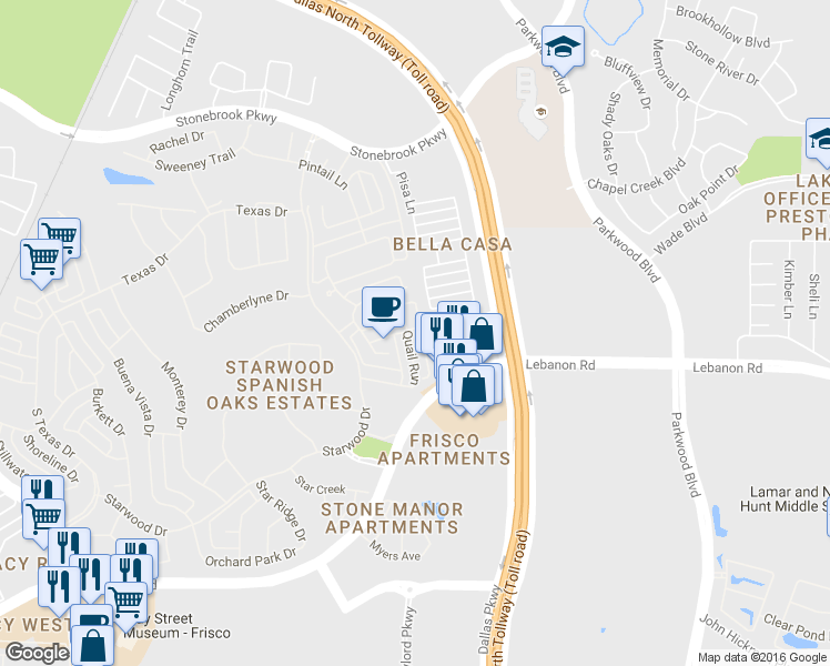 map of restaurants, bars, coffee shops, grocery stores, and more near 5474 Quail Run in Frisco