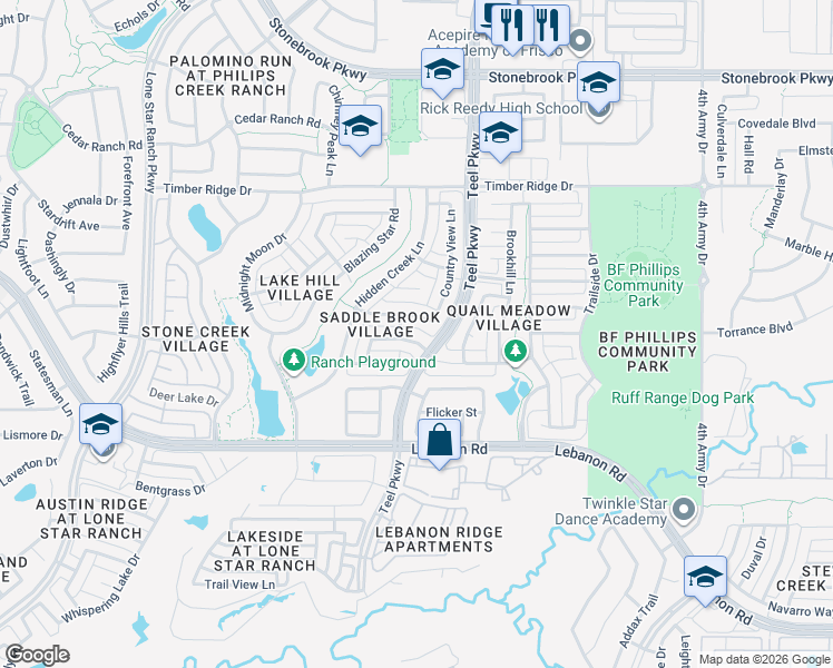 map of restaurants, bars, coffee shops, grocery stores, and more near 2244 Fox Ridge Trail in Frisco