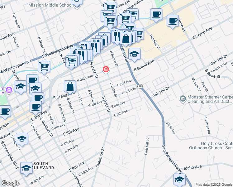 map of restaurants, bars, coffee shops, grocery stores, and more near 1002 East 3rd Avenue in Escondido