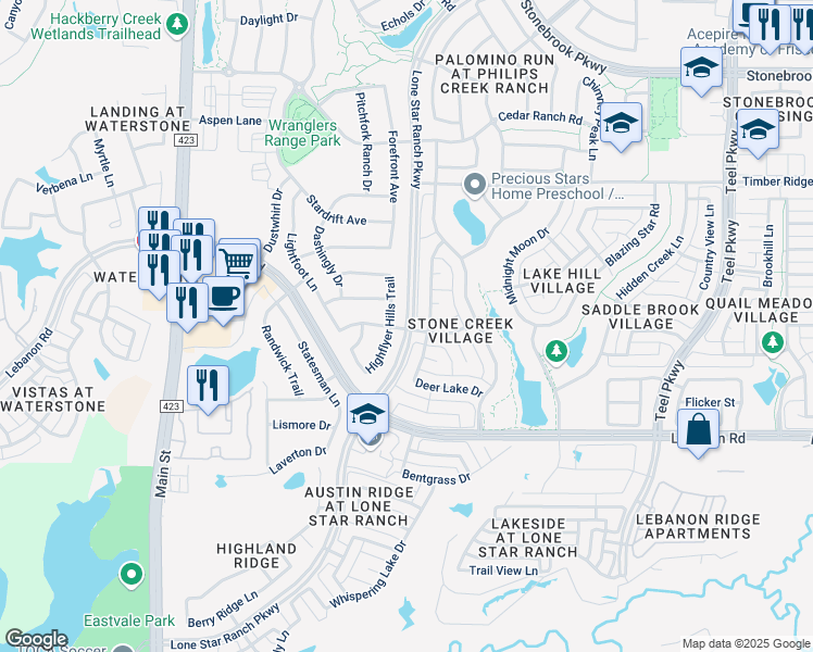 map of restaurants, bars, coffee shops, grocery stores, and more near Lone Star Ranch Parkway in Frisco