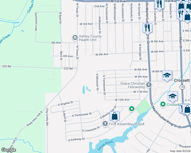 map of restaurants, bars, coffee shops, grocery stores, and more near 806 South Missouri Street in Crossett