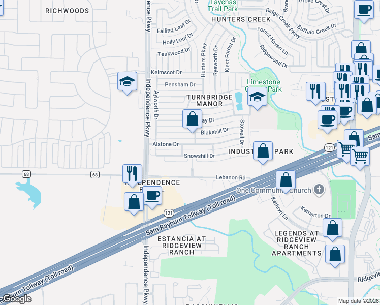 map of restaurants, bars, coffee shops, grocery stores, and more near 14780 Snowshill Dr in Frisco