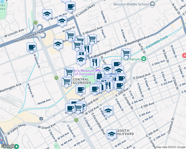 map of restaurants, bars, coffee shops, grocery stores, and more near 321 North Broadway in Escondido