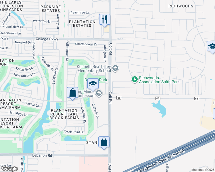 map of restaurants, bars, coffee shops, grocery stores, and more near 5584 Greensboro Drive in Frisco