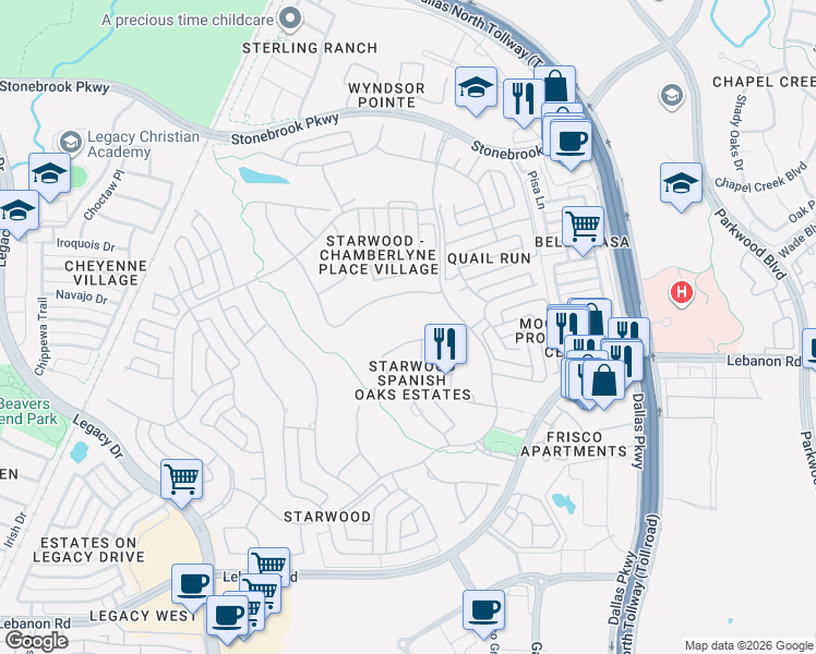 map of restaurants, bars, coffee shops, grocery stores, and more near 5372 Spicewood Lane in Frisco