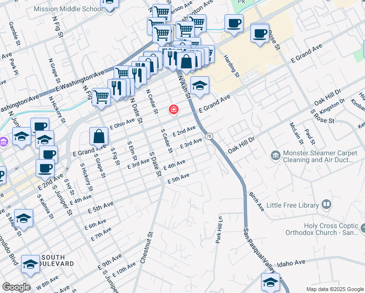 map of restaurants, bars, coffee shops, grocery stores, and more near 1101 East 3rd Avenue in Escondido