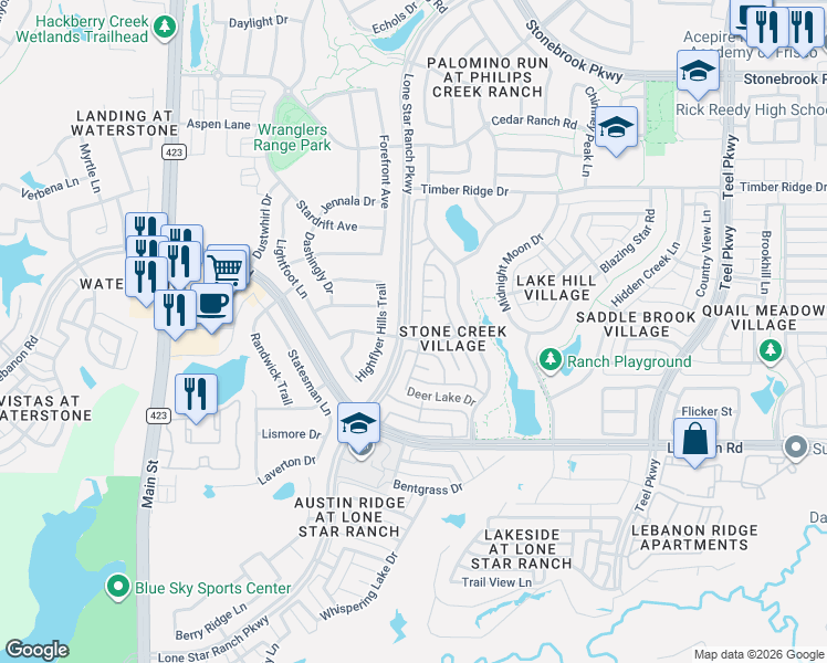 map of restaurants, bars, coffee shops, grocery stores, and more near 5503 Summer Star Lane in Frisco