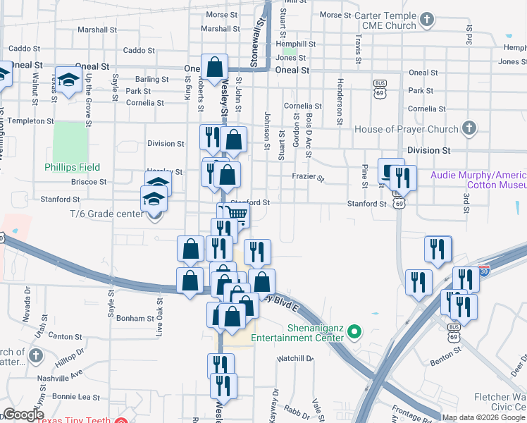 map of restaurants, bars, coffee shops, grocery stores, and more near 4510 Johnson Street in Greenville