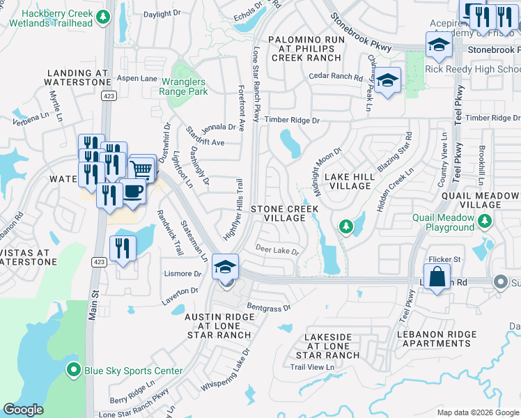 map of restaurants, bars, coffee shops, grocery stores, and more near 5503 Summer Star Lane in Frisco