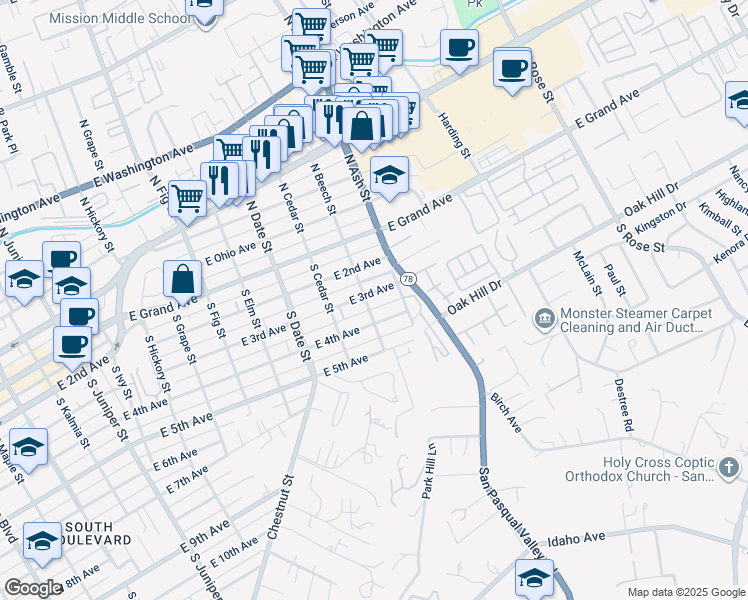 map of restaurants, bars, coffee shops, grocery stores, and more near 1101 East 3rd Avenue in Escondido