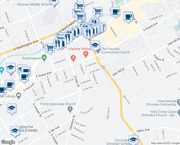 map of restaurants, bars, coffee shops, grocery stores, and more near 1101 East 3rd Avenue in Escondido
