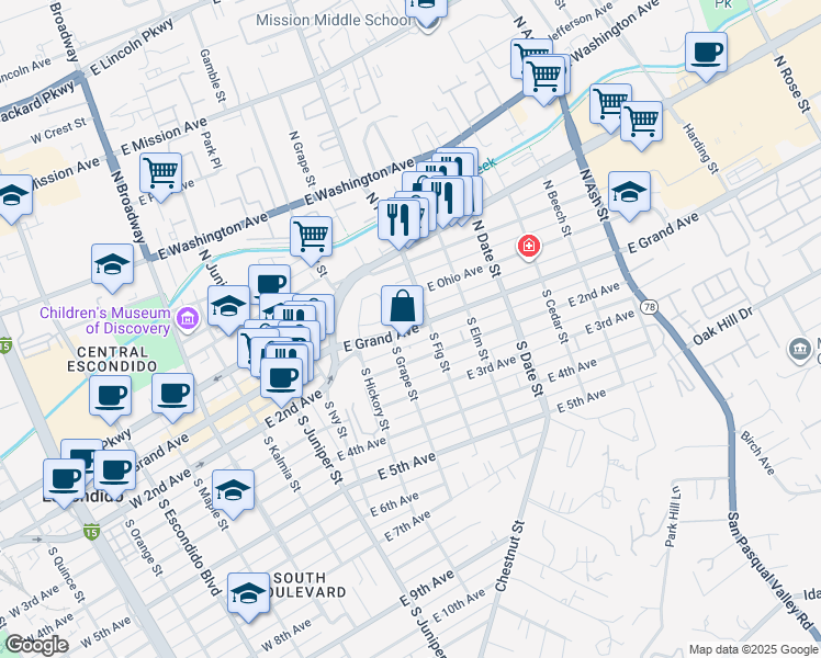 map of restaurants, bars, coffee shops, grocery stores, and more near 635 East Grand Avenue in Escondido
