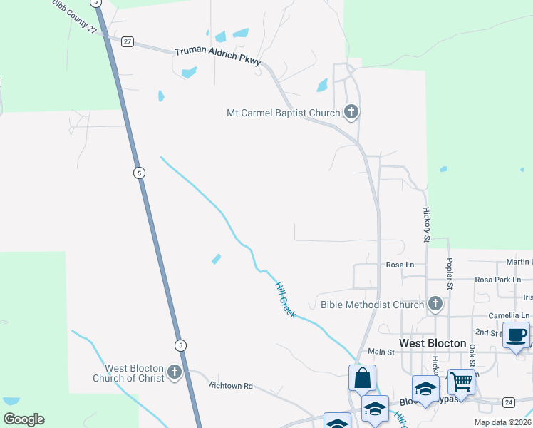 map of restaurants, bars, coffee shops, grocery stores, and more near 341 Carter Road in West Blocton