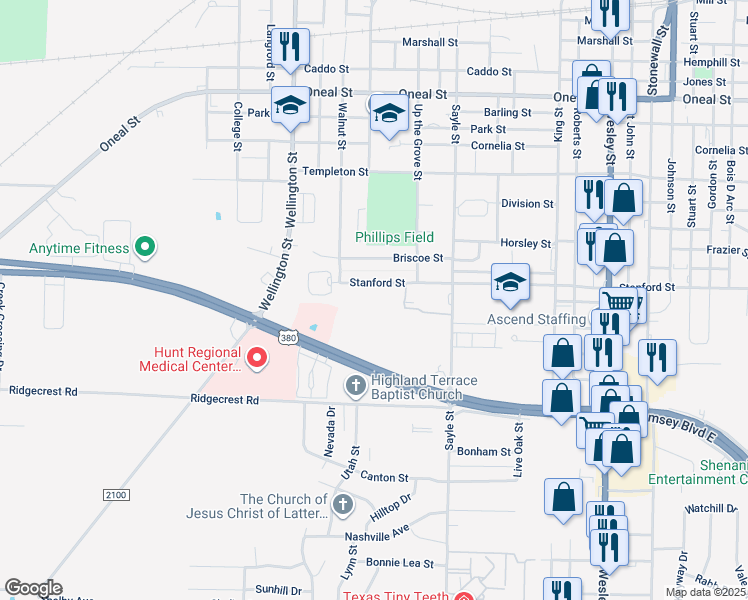 map of restaurants, bars, coffee shops, grocery stores, and more near 3600 Stanford St in Greenville