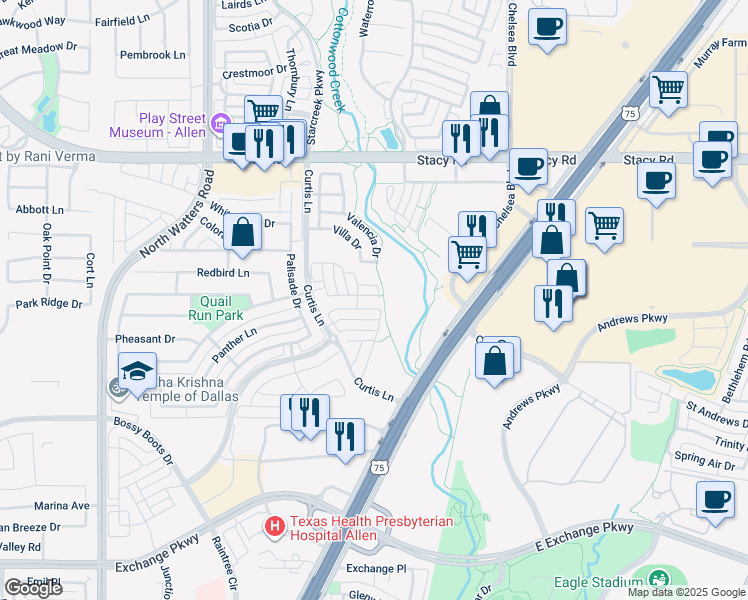 map of restaurants, bars, coffee shops, grocery stores, and more near 853 Llano Drive in Allen