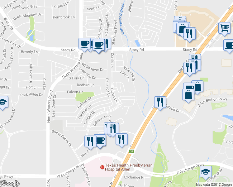 map of restaurants, bars, coffee shops, grocery stores, and more near 1611 Estacado Drive in Allen