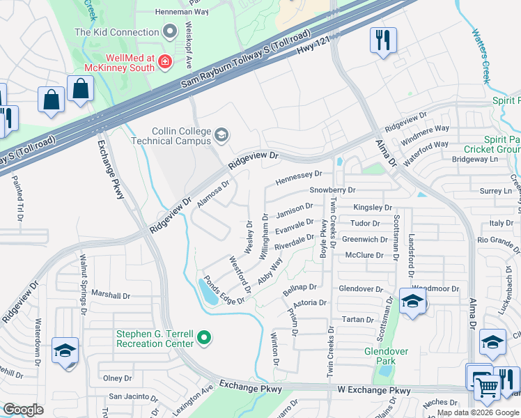 map of restaurants, bars, coffee shops, grocery stores, and more near 1534 Willingham Drive in Allen