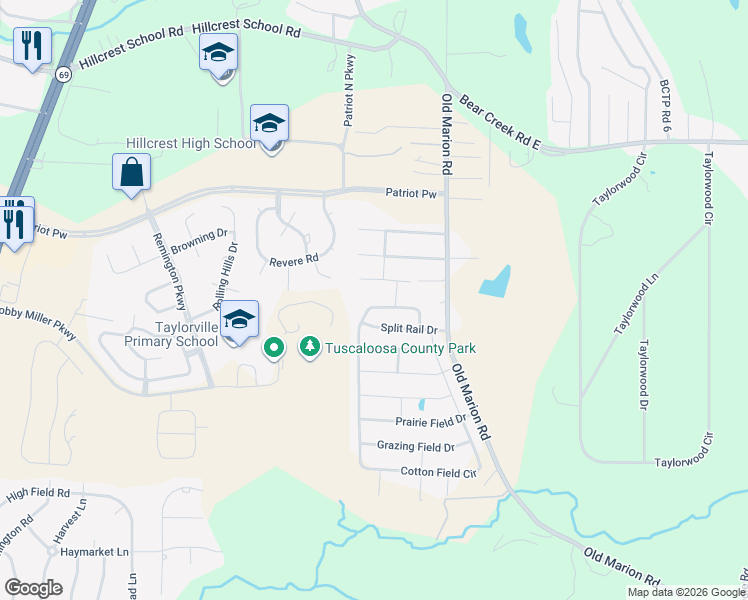 map of restaurants, bars, coffee shops, grocery stores, and more near 9045 Cotton Field Circle in Tuscaloosa