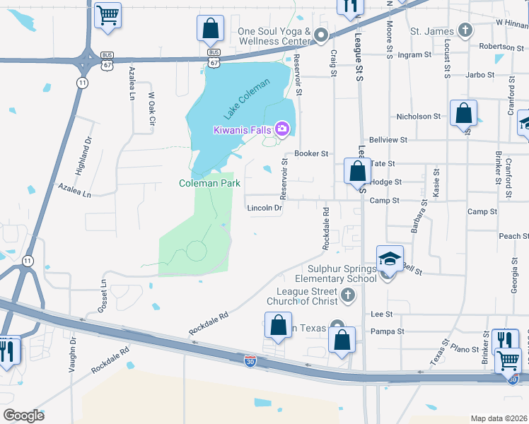map of restaurants, bars, coffee shops, grocery stores, and more near 1029 Lincoln Drive in Sulphur Springs