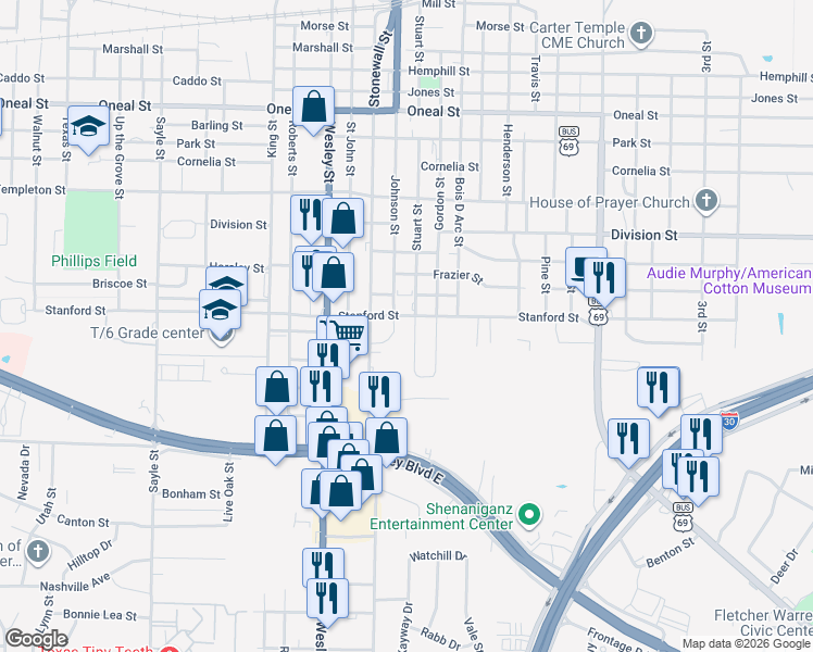 map of restaurants, bars, coffee shops, grocery stores, and more near 4510 Johnson Street in Greenville