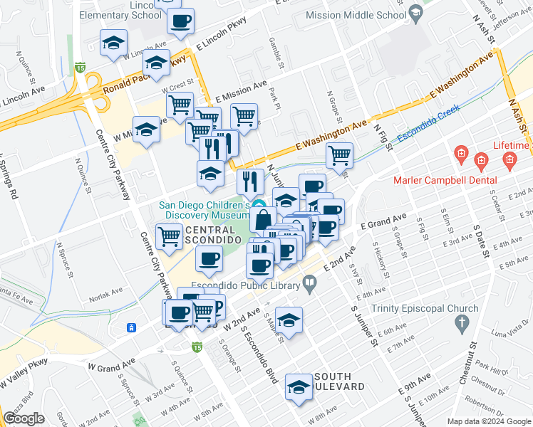 map of restaurants, bars, coffee shops, grocery stores, and more near 320 North Broadway in Escondido