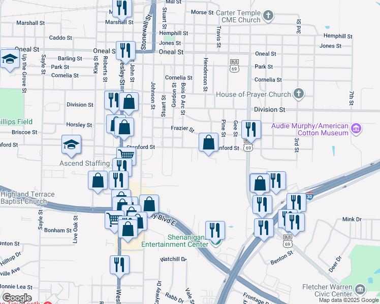 map of restaurants, bars, coffee shops, grocery stores, and more near 4511 Houston Street in Greenville