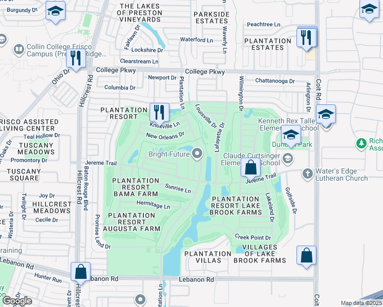 map of restaurants, bars, coffee shops, grocery stores, and more near 5600 Hill Haven Court in Frisco
