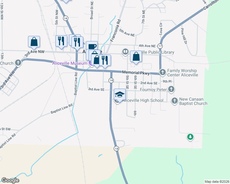 map of restaurants, bars, coffee shops, grocery stores, and more near 401-405 4th St SE in Aliceville