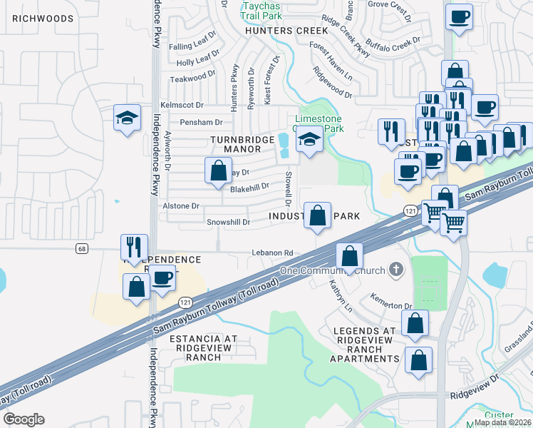 map of restaurants, bars, coffee shops, grocery stores, and more near 15087 Snowshill Drive in Frisco