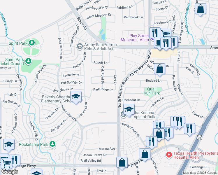 map of restaurants, bars, coffee shops, grocery stores, and more near 953 Park Ridge Drive in Allen