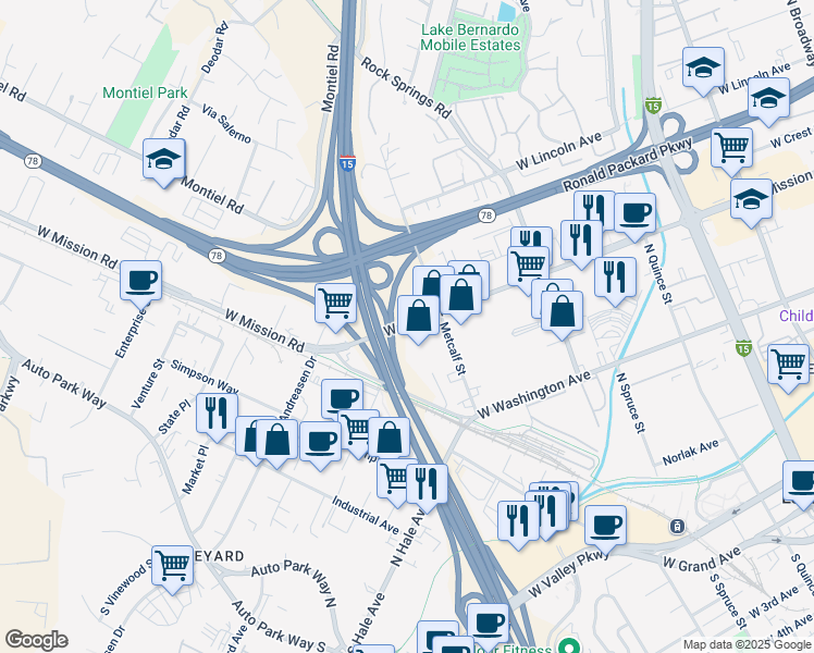 map of restaurants, bars, coffee shops, grocery stores, and more near in Escondido