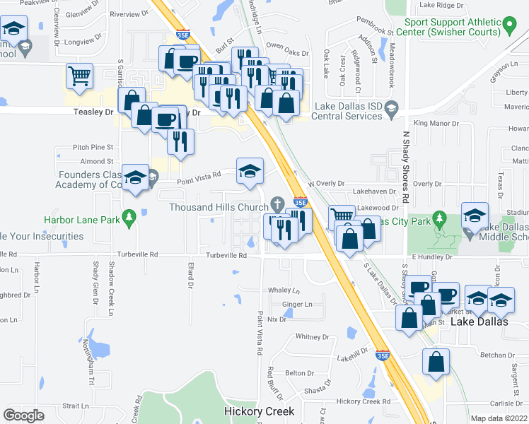 map of restaurants, bars, coffee shops, grocery stores, and more near 1021 Point Vista Street in Hickory Creek