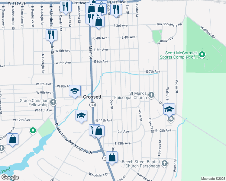 map of restaurants, bars, coffee shops, grocery stores, and more near 808 Beech Street in Crossett