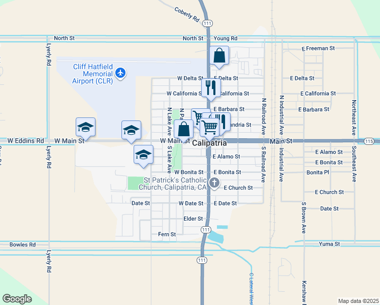 map of restaurants, bars, coffee shops, grocery stores, and more near 190 West Alamo Street in Calipatria