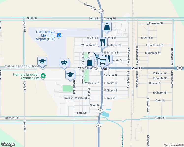 map of restaurants, bars, coffee shops, grocery stores, and more near 190 West Alamo Street in Calipatria