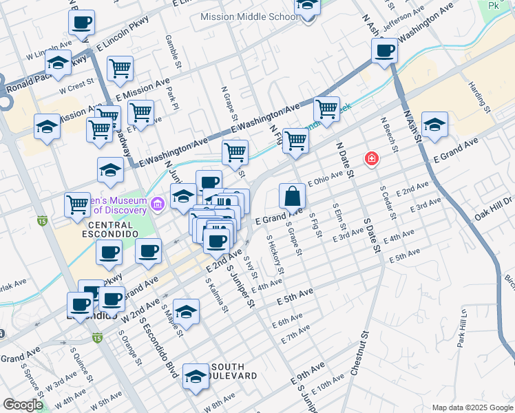 map of restaurants, bars, coffee shops, grocery stores, and more near 127 Valley Boulevard in Escondido