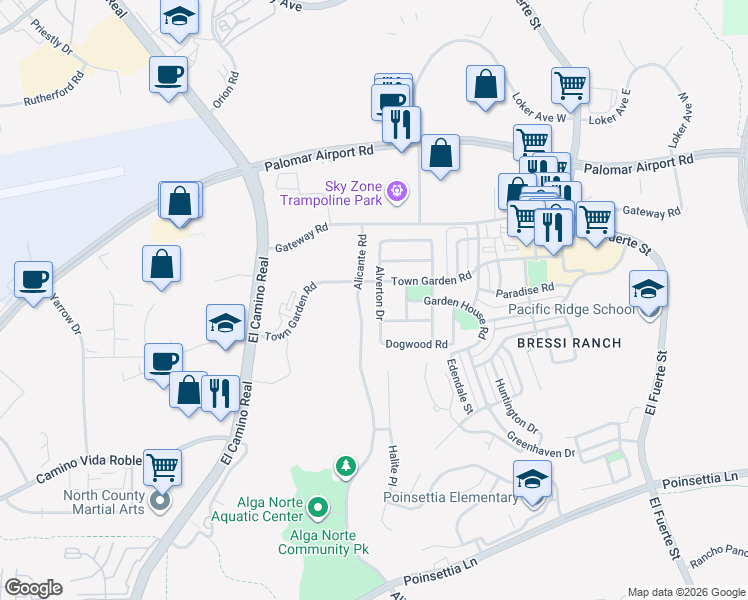 map of restaurants, bars, coffee shops, grocery stores, and more near 6253 Alverton Drive in Carlsbad