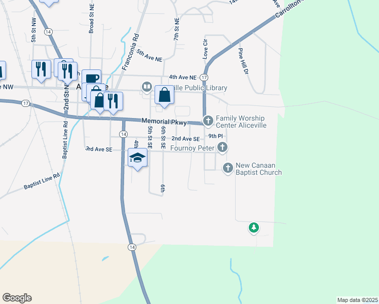 map of restaurants, bars, coffee shops, grocery stores, and more near 781 3rd Avenue Southeast in Aliceville