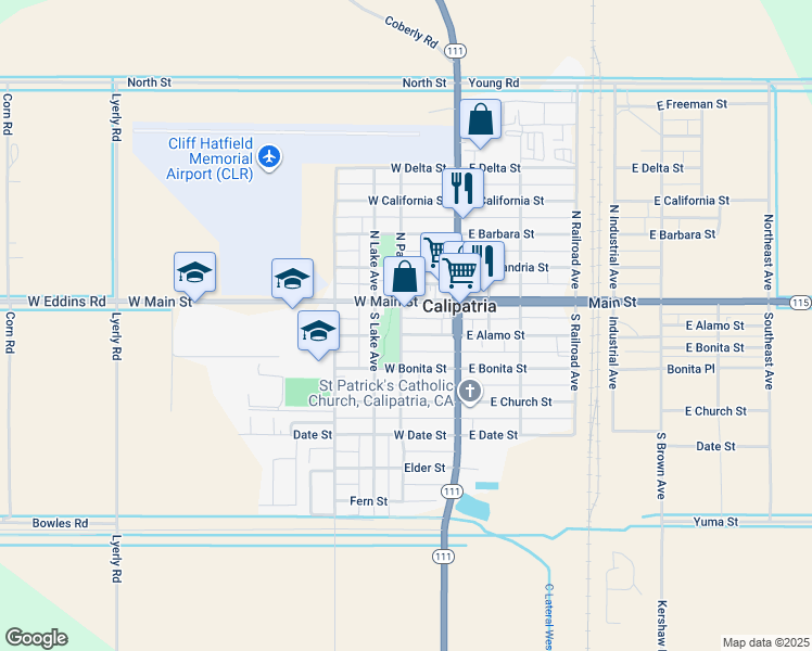 map of restaurants, bars, coffee shops, grocery stores, and more near 190 West Alamo Street in Calipatria
