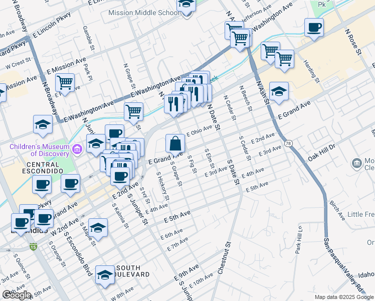 map of restaurants, bars, coffee shops, grocery stores, and more near 2 North Fig Street in Escondido