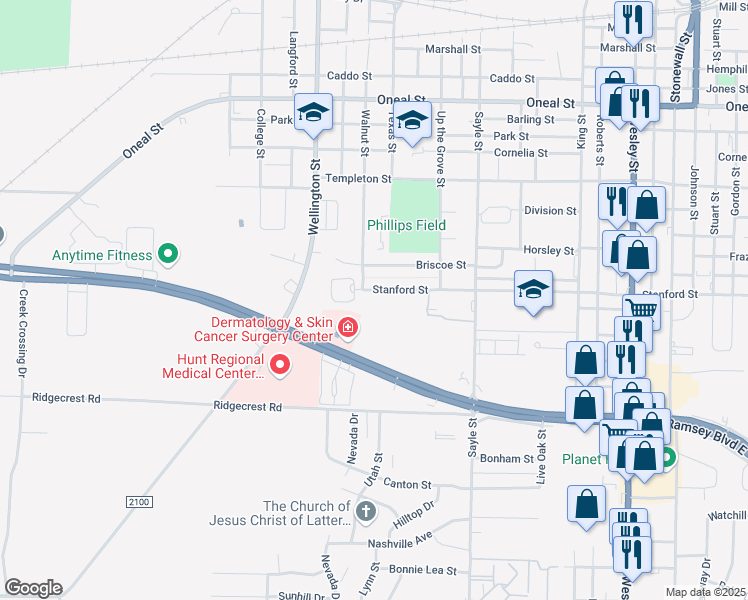 map of restaurants, bars, coffee shops, grocery stores, and more near 3600 Stanford Street in Greenville