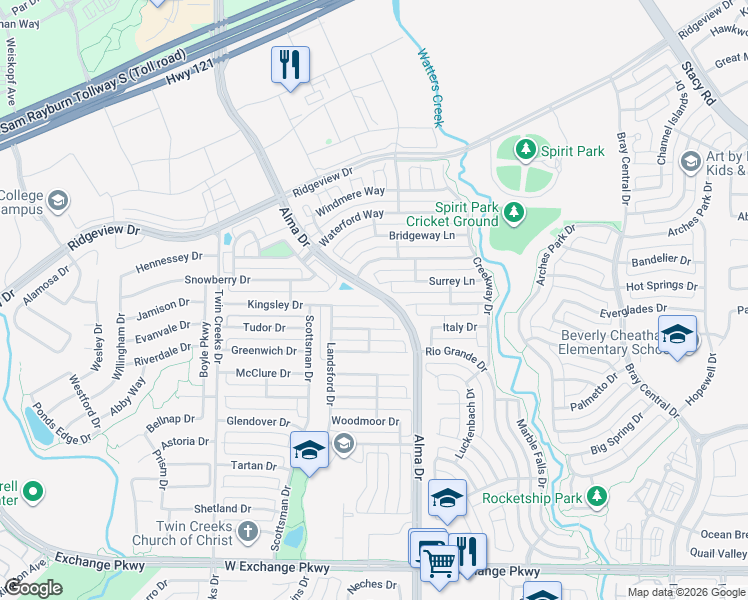 map of restaurants, bars, coffee shops, grocery stores, and more near 1317 Kingsley Court in Allen