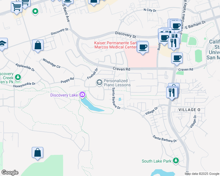 map of restaurants, bars, coffee shops, grocery stores, and more near 888 Mackenzie Drive in San Marcos