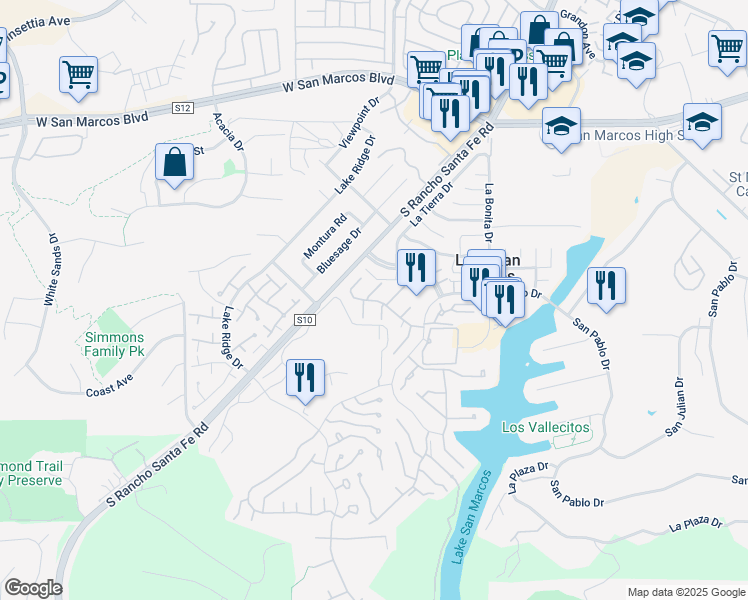 map of restaurants, bars, coffee shops, grocery stores, and more near 1158 Calle De Los Serranos in San Marcos