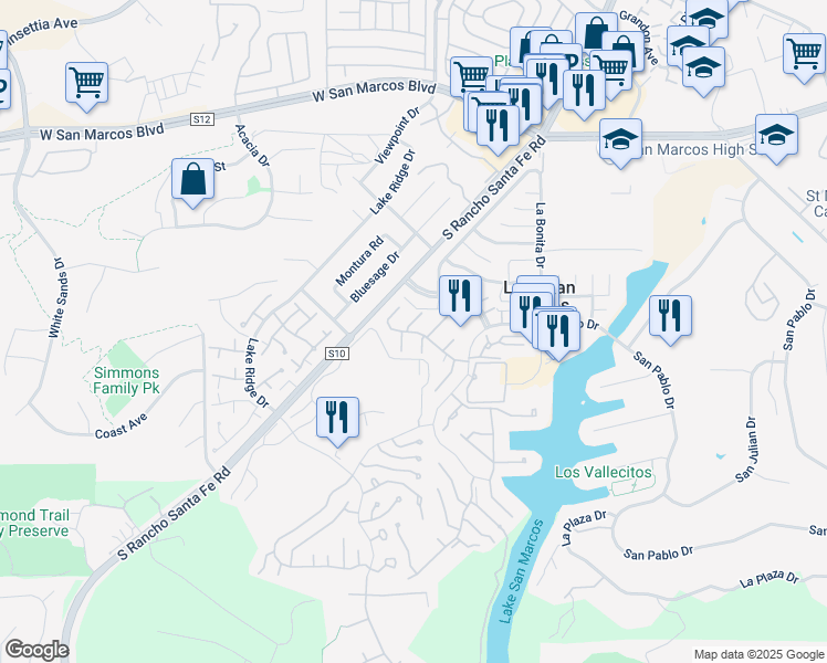 map of restaurants, bars, coffee shops, grocery stores, and more near 1169 Calle Del Baston in San Marcos