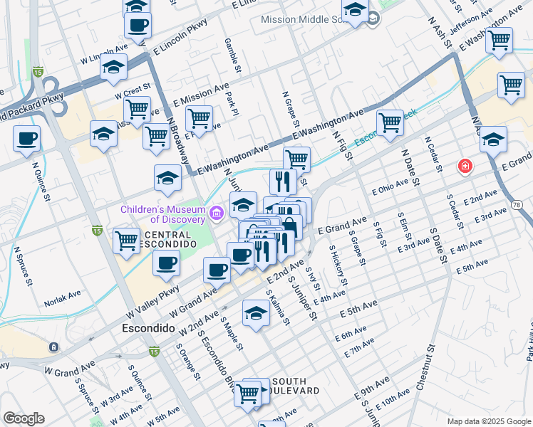 map of restaurants, bars, coffee shops, grocery stores, and more near 302 East Valley Parkway in Escondido